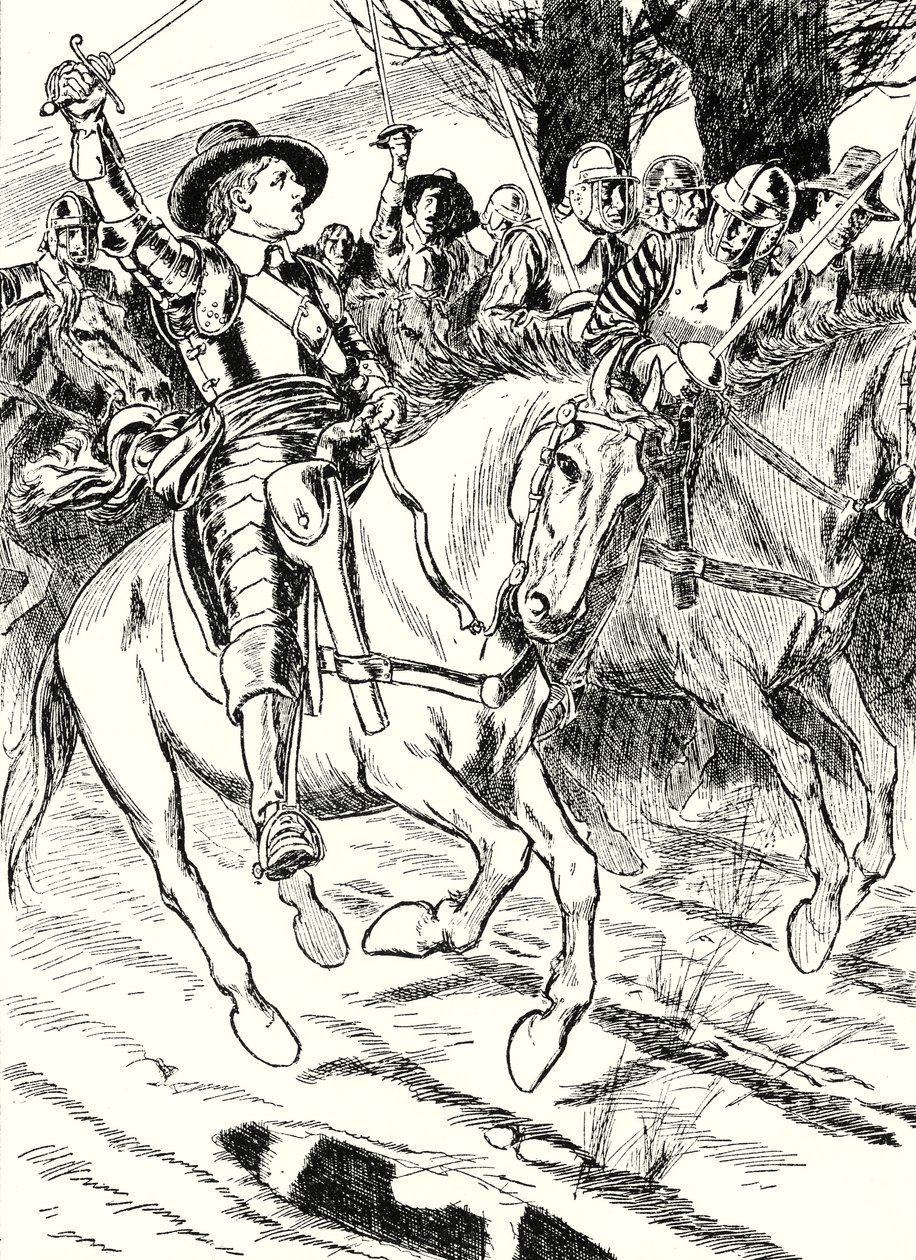 Cromwell mène ses soldats à la bataille (litho) - English School
