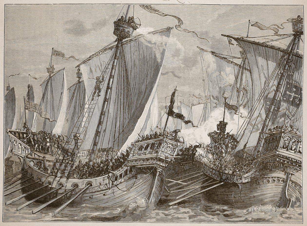 Défaite de la flotte française dans la Manche, illustration de Cassells Illustrated History of England - English School