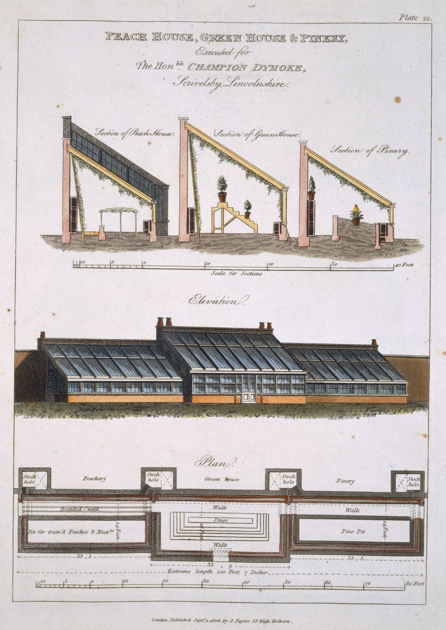 Conception pour une maison de pêchers, une serre et une pinède, 1806 - English School