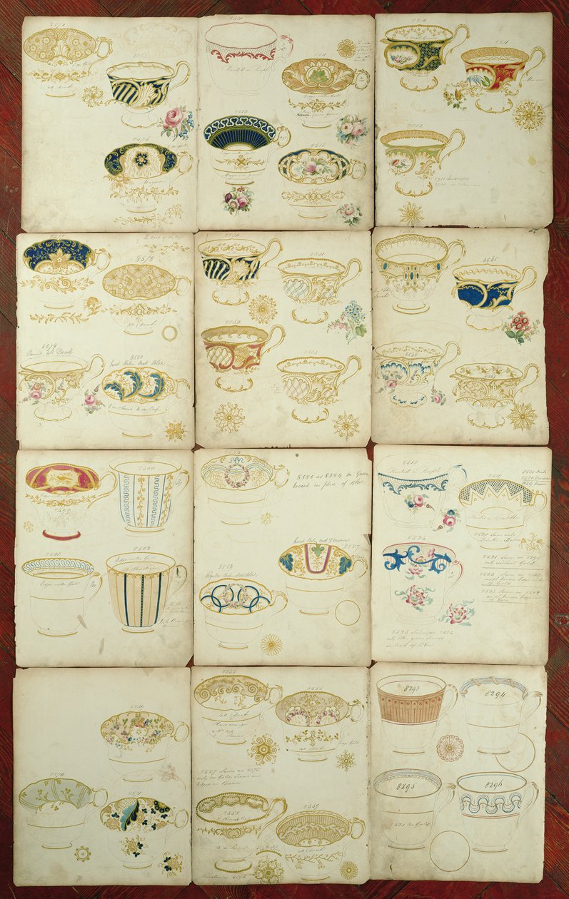 Conceptions de tasses à thé produites à la Daniel Factory, Staffordshire, vers 1845 - English School