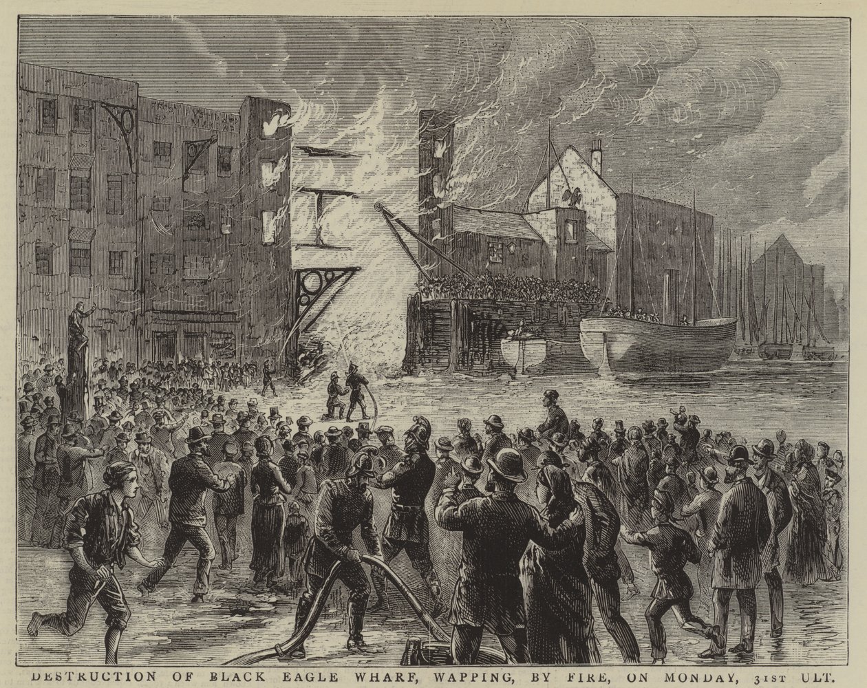 Destruction du Black Eagle Wharf, Wapping, par un incendie, le lundi 31 octobre (gravure) - English School