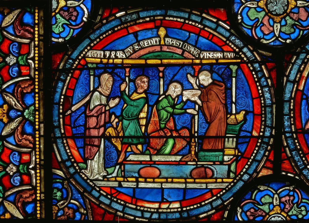 (détail) de la fenêtre du Miracle : Audrey de Canterbury prenant de l