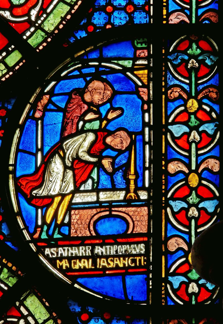 (détail) de la fenêtre du Miracle : Eilward de Westoning remerciant au tombeau de Thomas Becket - English School