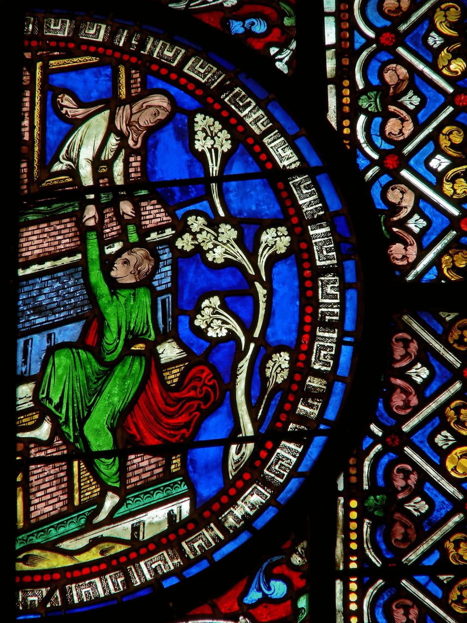 Détail de la fenêtre est de la chapelle de la Trinité représentant David fuyant la ville - English School