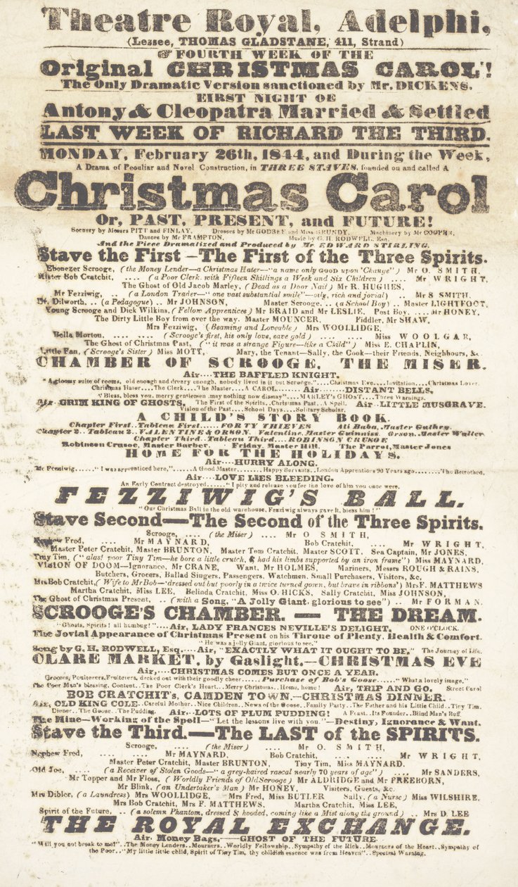 Affiche de Dickens : Un chant de Noël au Adelphi Theatre Royal, 26 février 1814 - English School