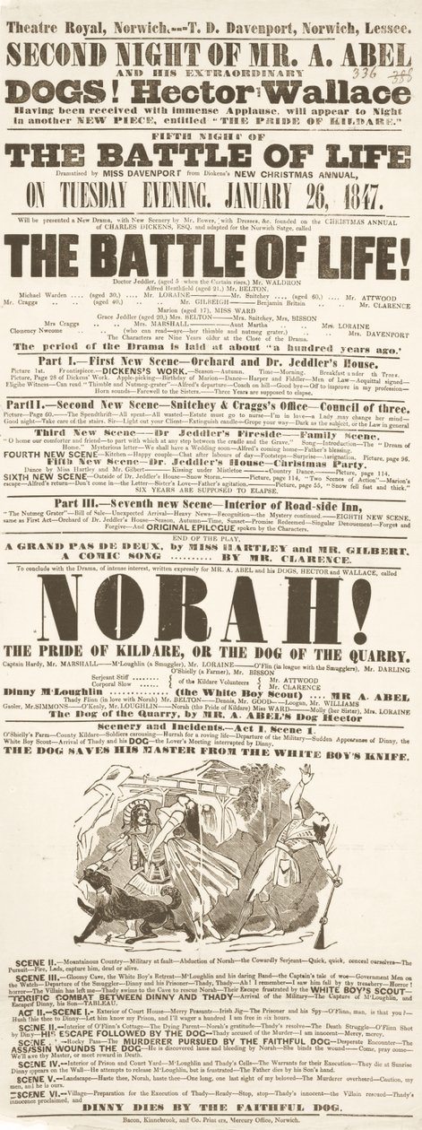 Affiche de Dickens : La Bataille de la vie, au Theatre Royal, Norwich, 26 janvier 1847 - English School