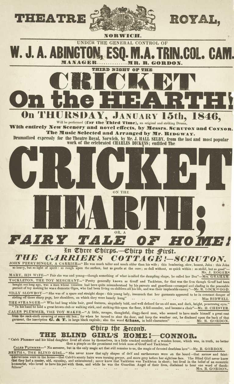 Affiche de Dickens : Le Grillon du foyer au Theatre Royal, Derby, 15 janvier 1846 - English School