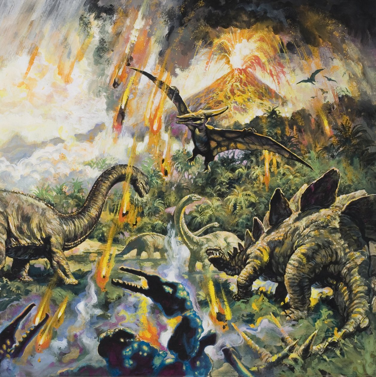 Dinosaures et volcans (gouache sur papier) - English School