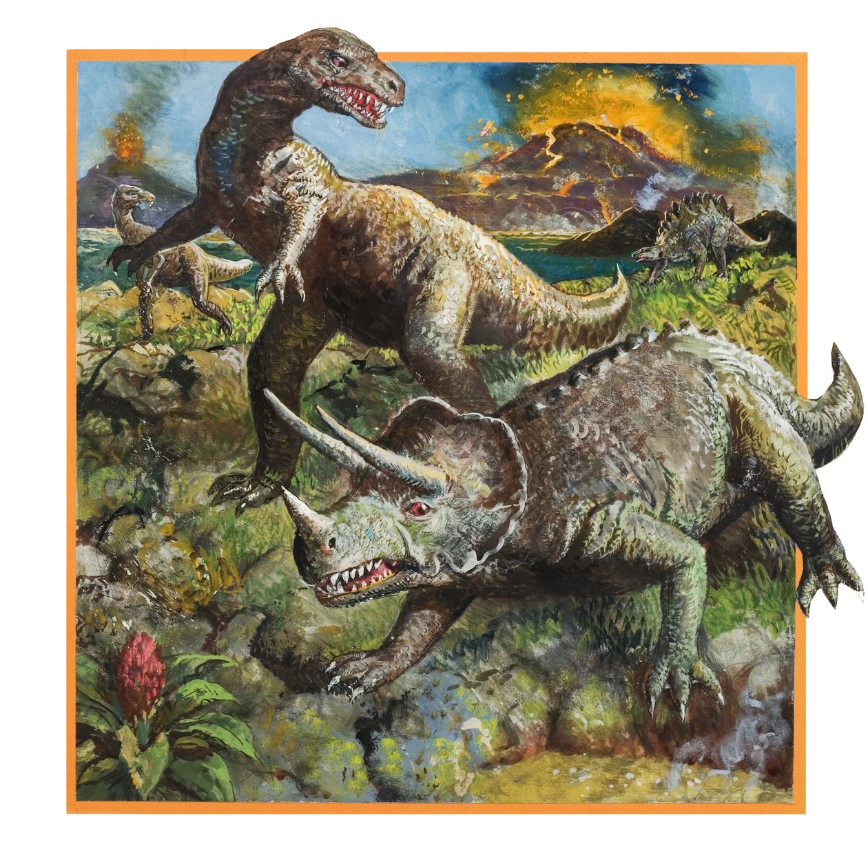 Dinosaures avec volcan (gouache sur papier) - English School