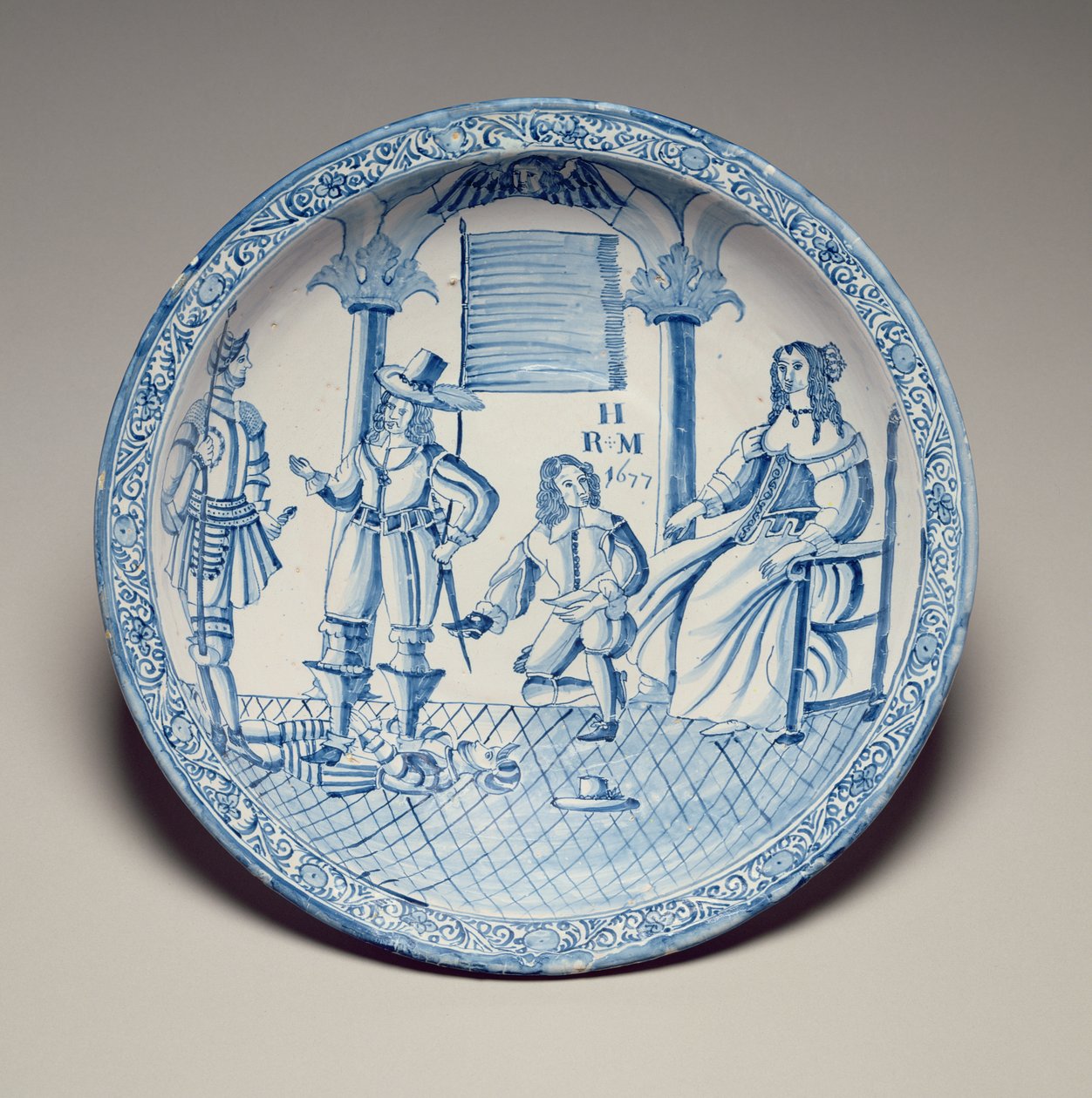 Plat avec la reine Catherine assise faisant ajuster une chaussure par un cavalier agenouillé, 1677 - English School