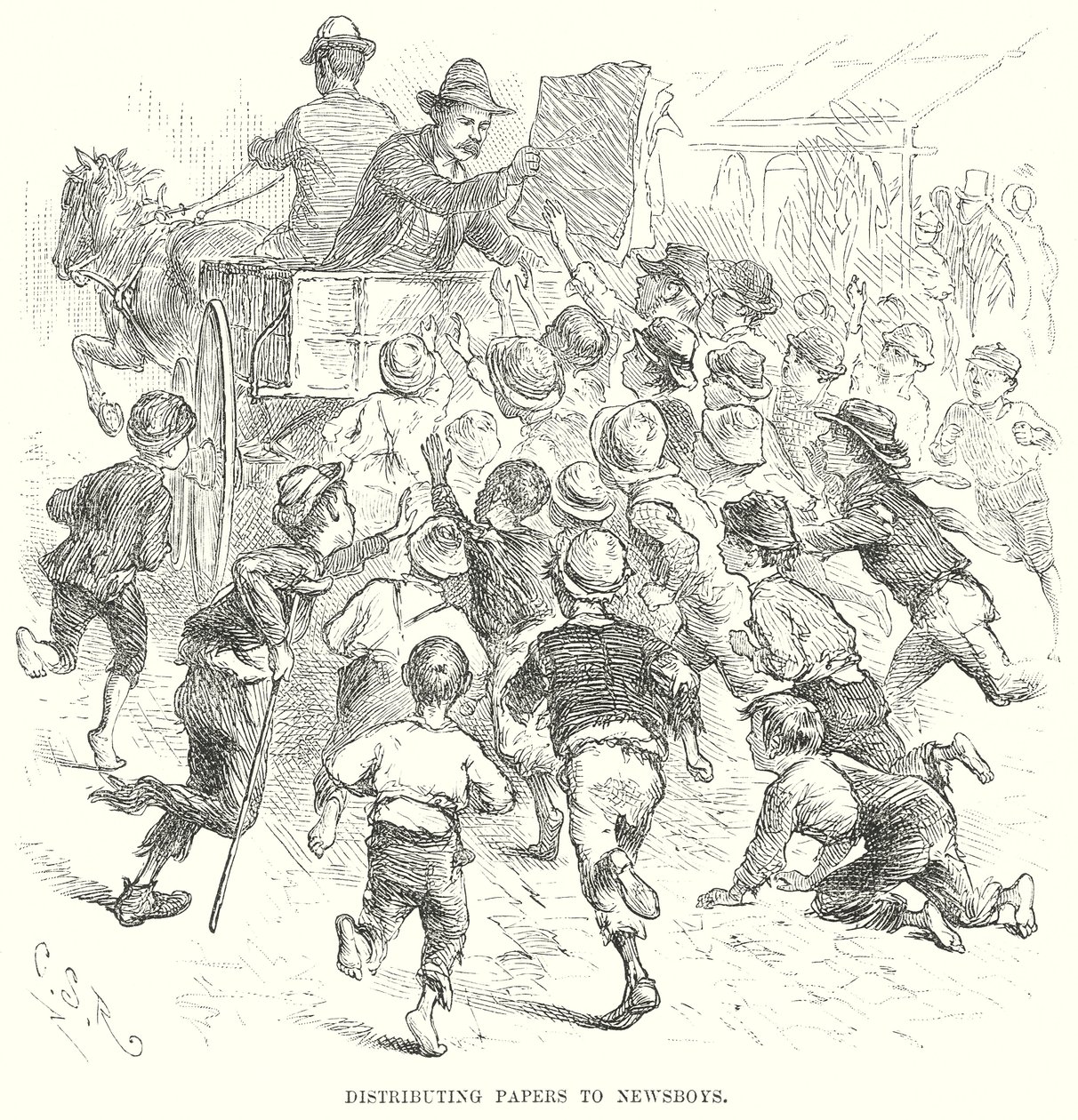 Distribution de papiers aux garçons de café (gravure) - English School