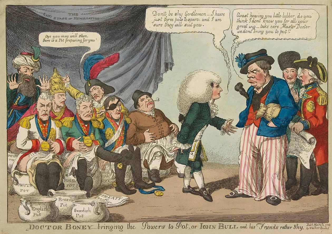 Docteur Boney amenant les puissances à Pot..., gravure colorée à la main de 1808 - English School