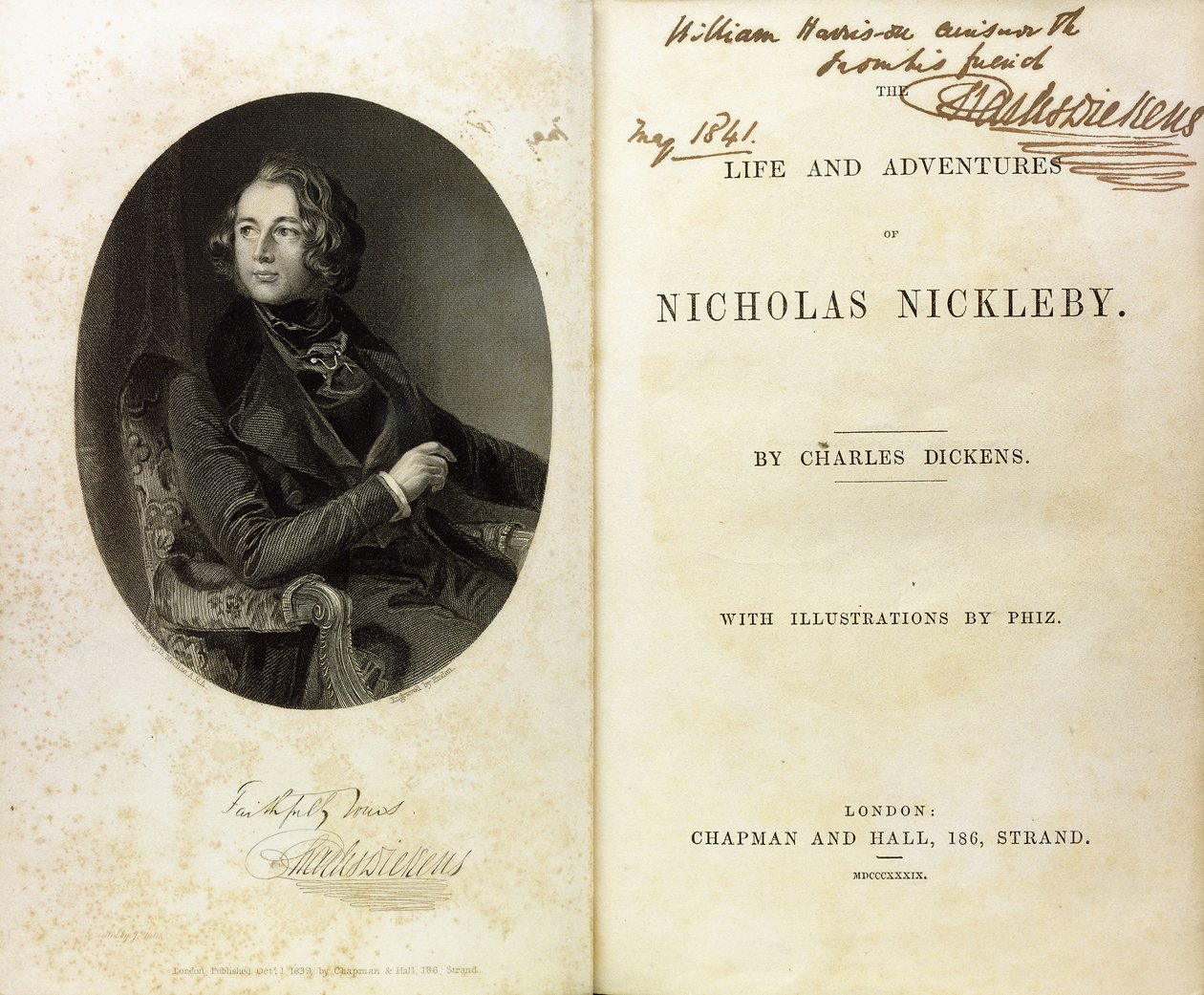Double page avec un portrait de Dickens, et une dédicace de Dickens à William Harrison Ainsworth - English School