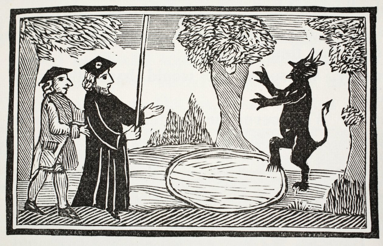Dr. Faustus invoque le Diable, illustration de Chap-books du XVIIIe siècle par John Ashton, pub. 1882 - English School
