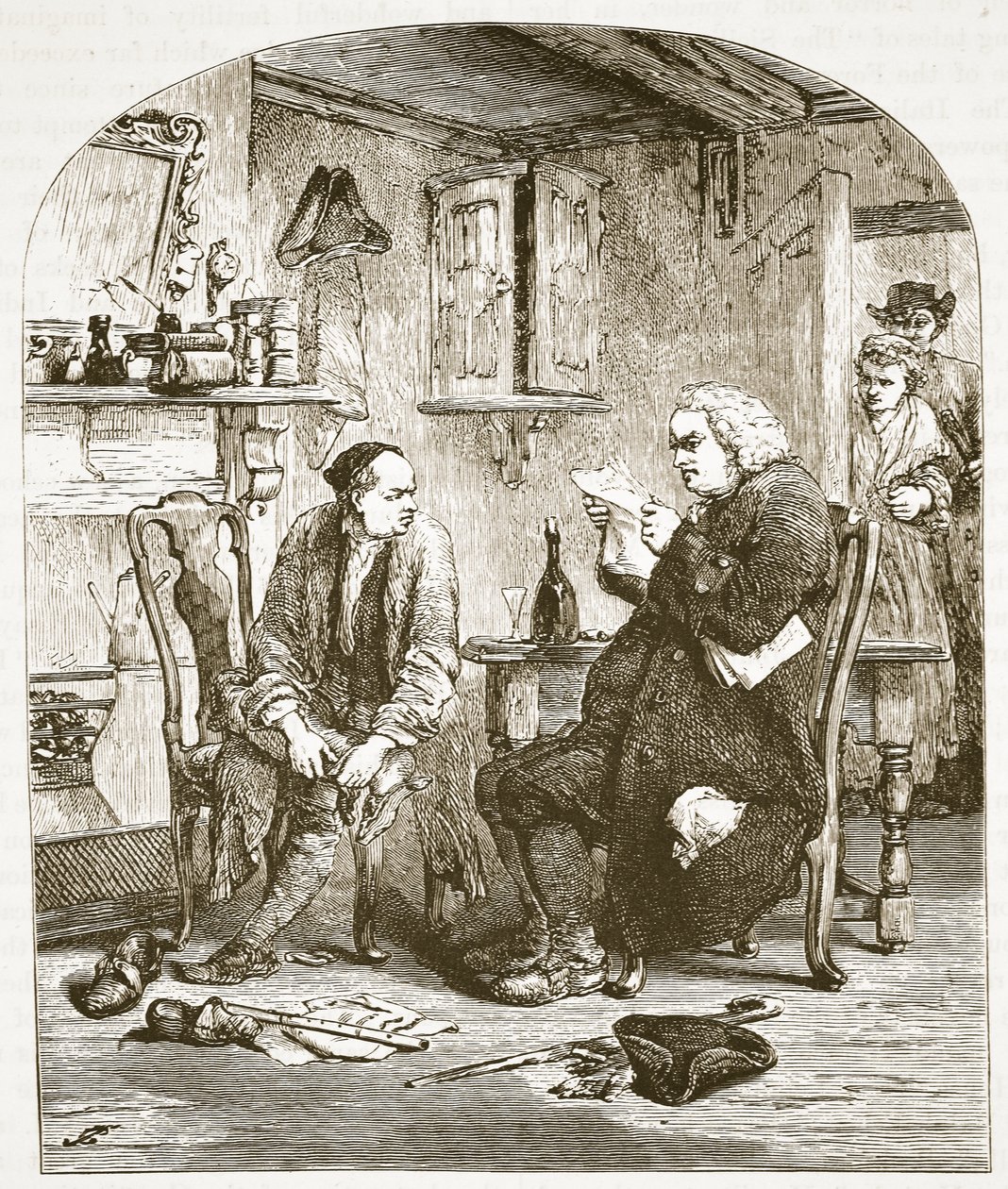 Dr Johnson lisant le manuscrit du Vicaire de Wakefield (illustration de Cassells Illustrated History of England) - English School