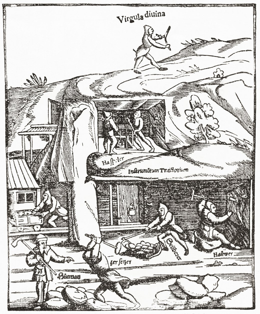 Représentation ancienne de la baguette de sourcier, montrant une figure avec une baguette de sourcier au-dessus du sol cherchant de l