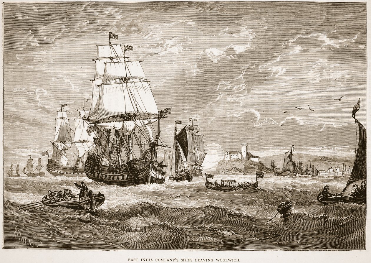 Navires de la Compagnie des Indes orientales quittant Woolwich, illustration de Cassell