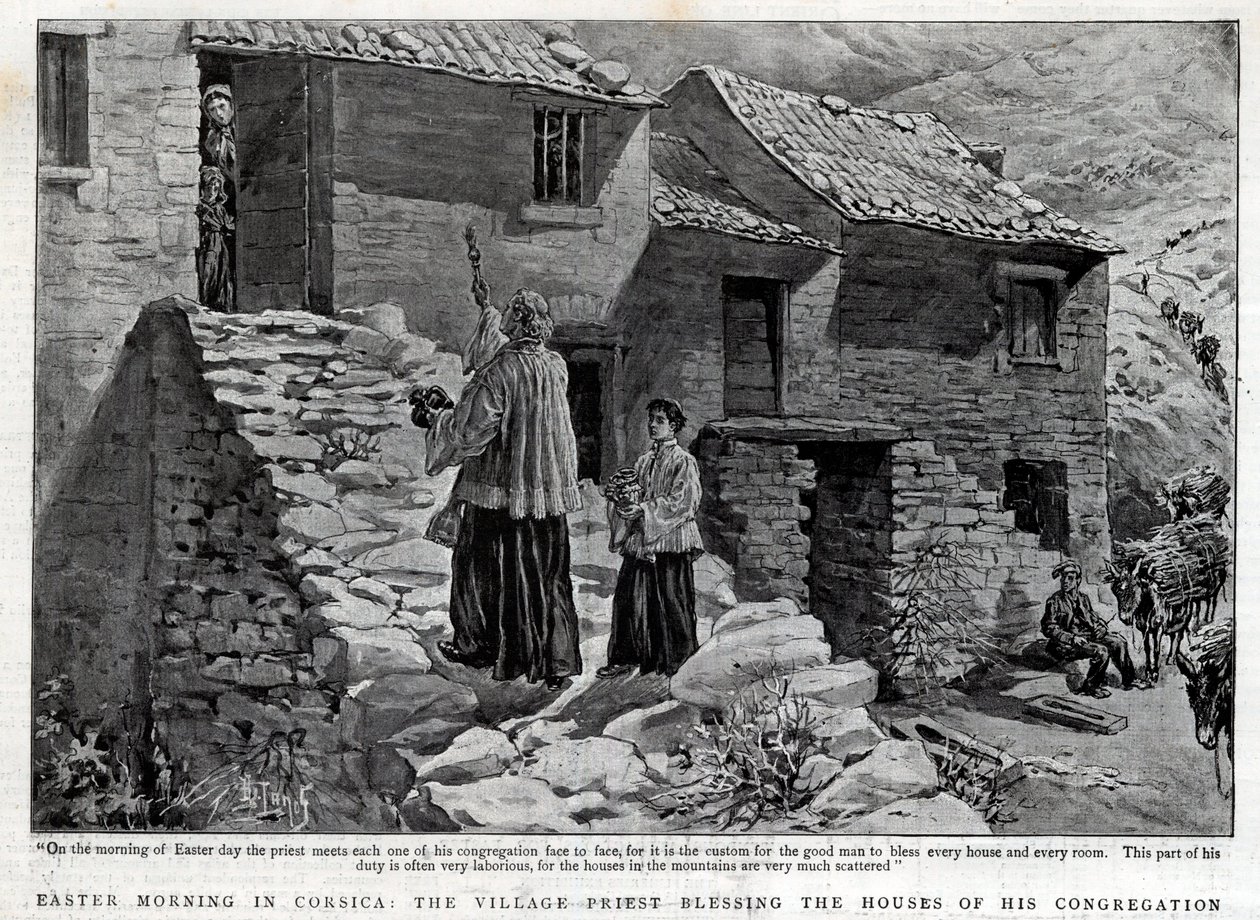 Matin de Pâques en Corse, le prêtre du village bénissant les maisons de sa paroisse - English School