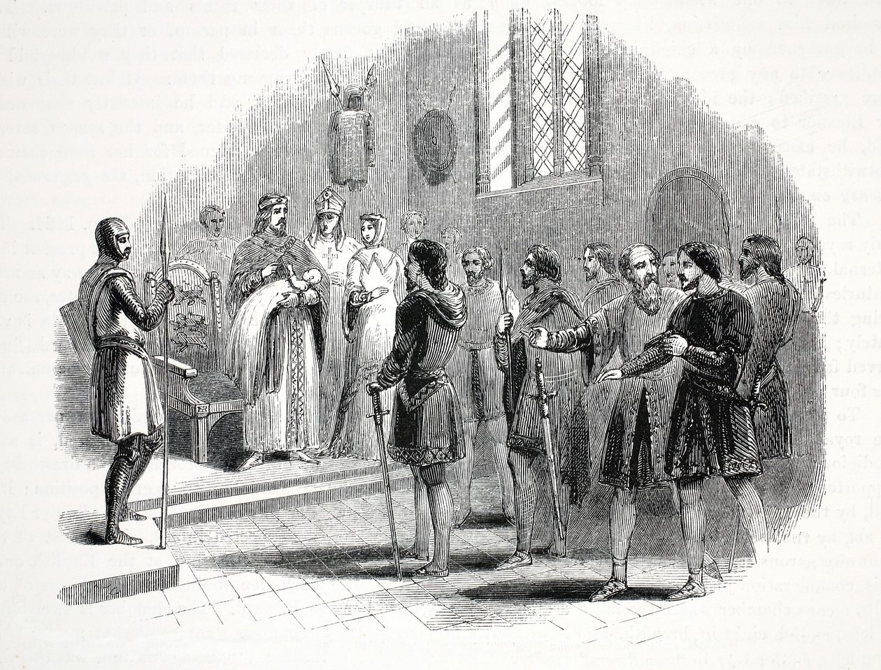 Édouard Ier présentant aux chefs gallois un prince né parmi eux, au château de Rhuddlan - English School