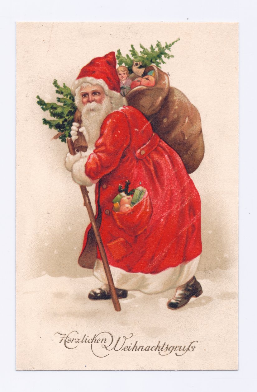 Carte postale édouardienne du Père Noël portant un sapin de Noël et un sac de jouets en bandoulière, vers 1910 (lithographie couleur) - English School