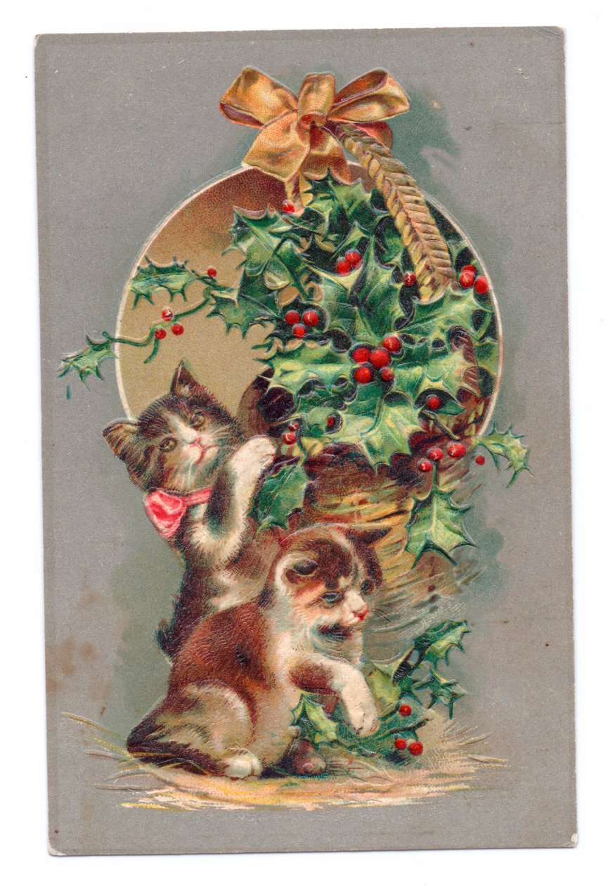Carte postale édouardienne de deux chats jouant avec du houx, vers 1910 (lithographie couleur) - English School