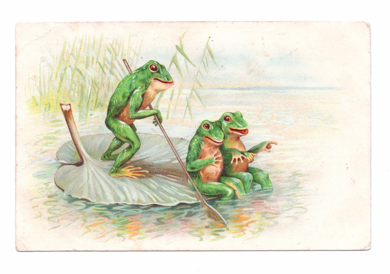 Carte postale édouardienne représentant deux grenouilles assises sur un bateau de nénuphars tandis qu