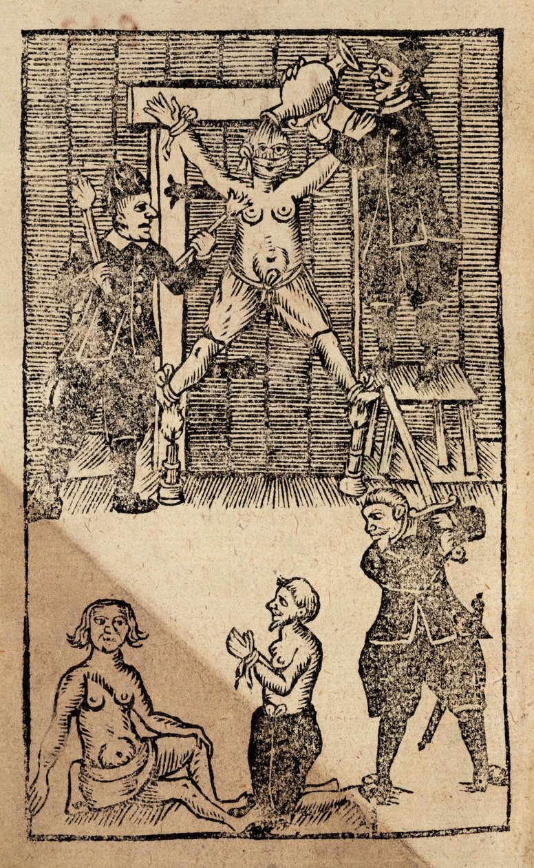 Colons néerlandais à Amboyna torturant un marchand anglais avant le massacre de 1623 (gravure sur bois) - English School