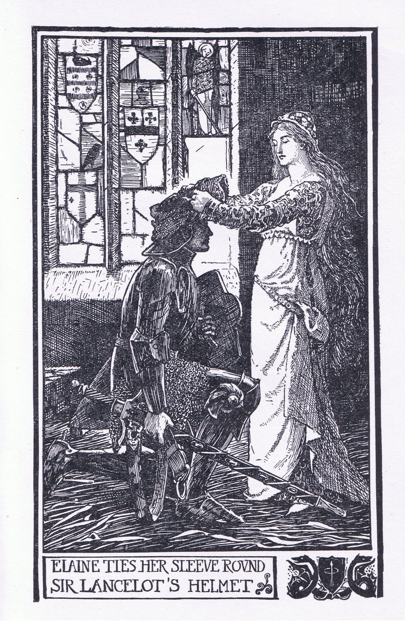 Elaine attache sa manche autour du casque de Sir Lancelot, illustration de 