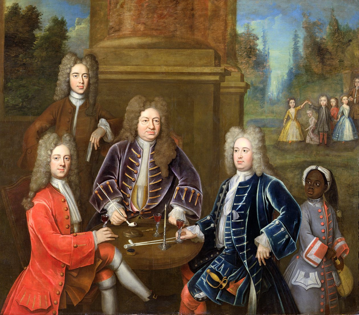 Elihu Yale (1648-1721) le deuxième duc de Devonshire, Lord James Cavendish, M. Tunstal et un page, vers 1708 - English School