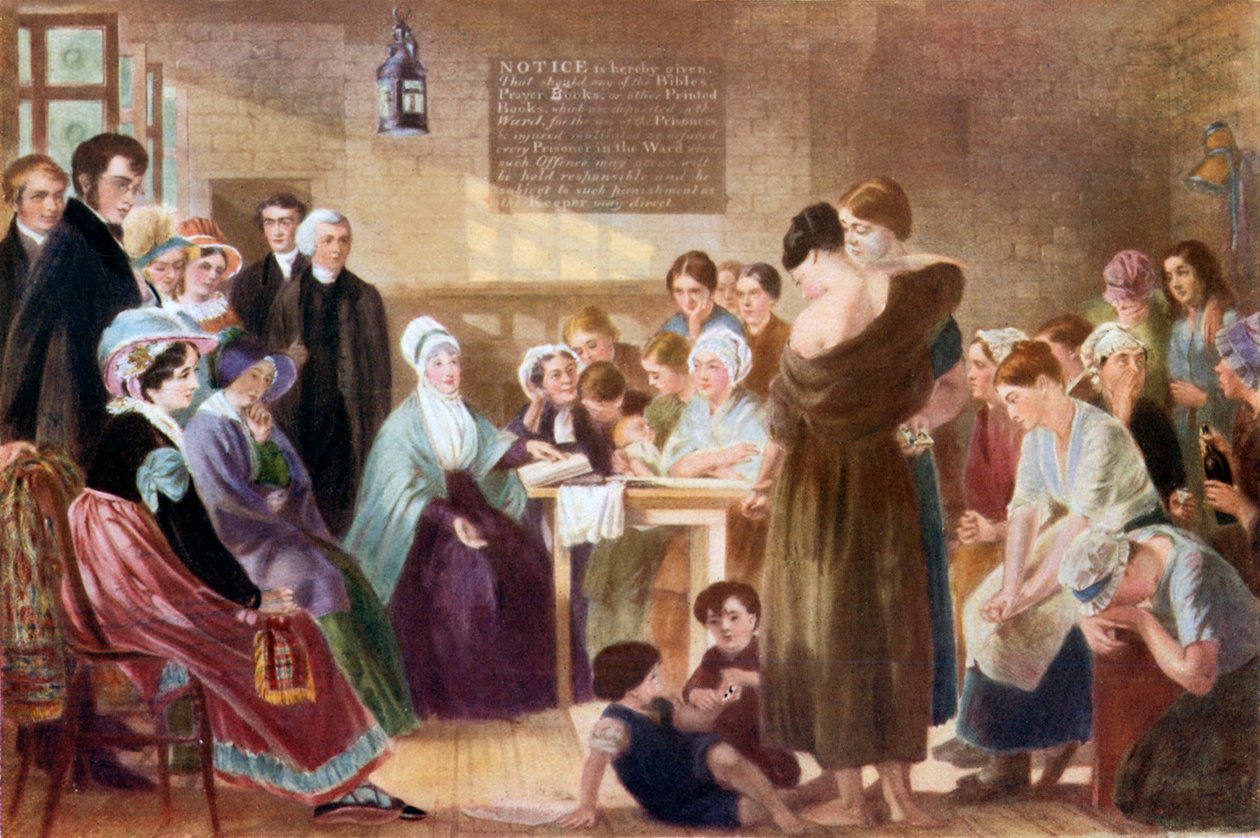 Elizabeth Fry visitant la prison de Newgate (lithographie couleur) - English School