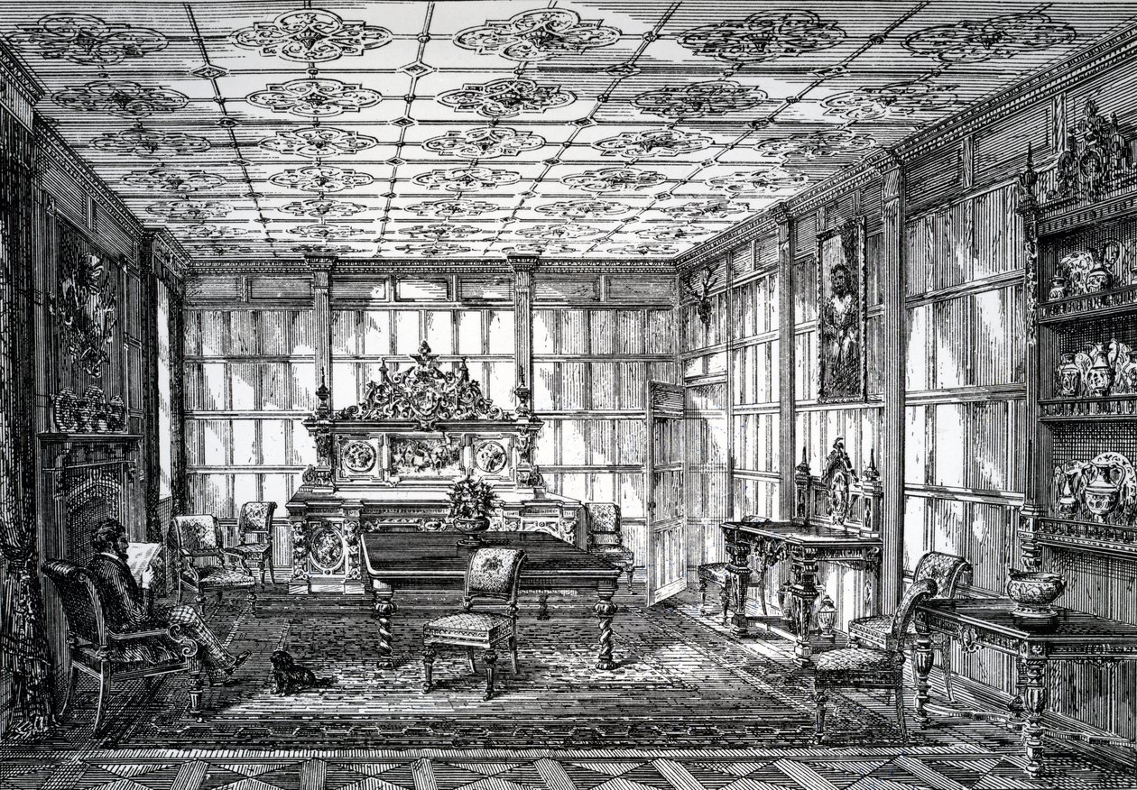 Salle à manger élisabéthaine, publiée dans The House-Furnisher & Decorator, 1er octobre 1872 - English School