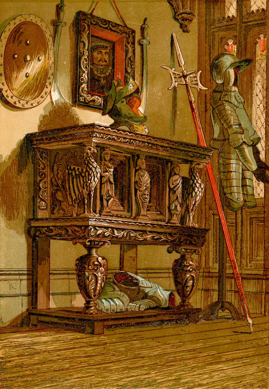 Buffet ou armoire élisabéthaine au château de Warwick (gravure en couleur) - English School