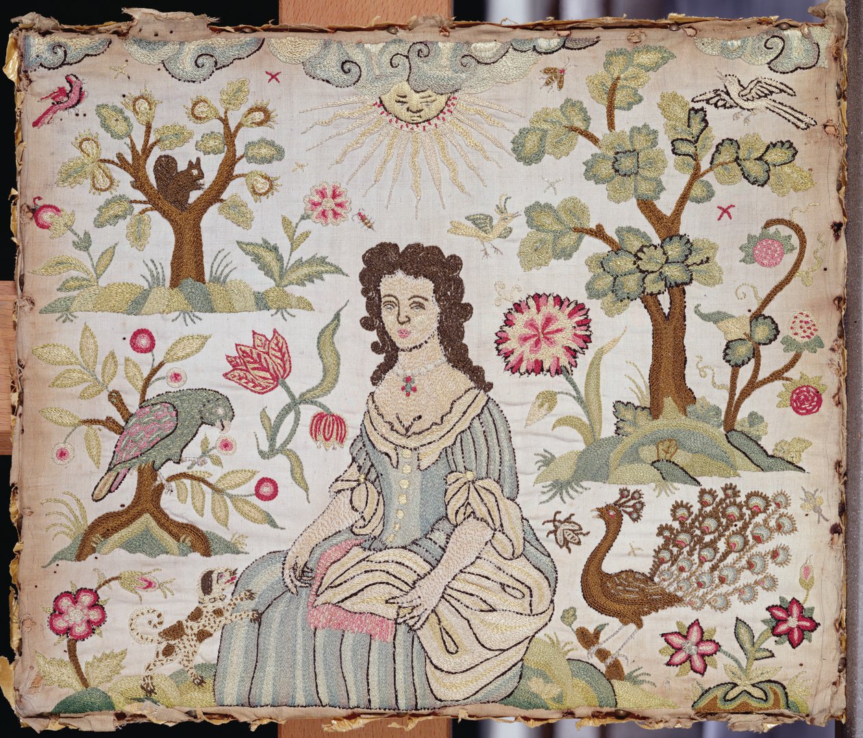Panneau brodé représentant une dame dans un jardin, vers 1700 - English School