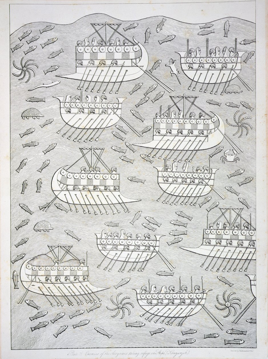 Ennemis des Assyriens se réfugiant dans des navires, planche 71 de Ninive et ses restes par Austen Henry Layard (1817-94) publié en 1849 - English School
