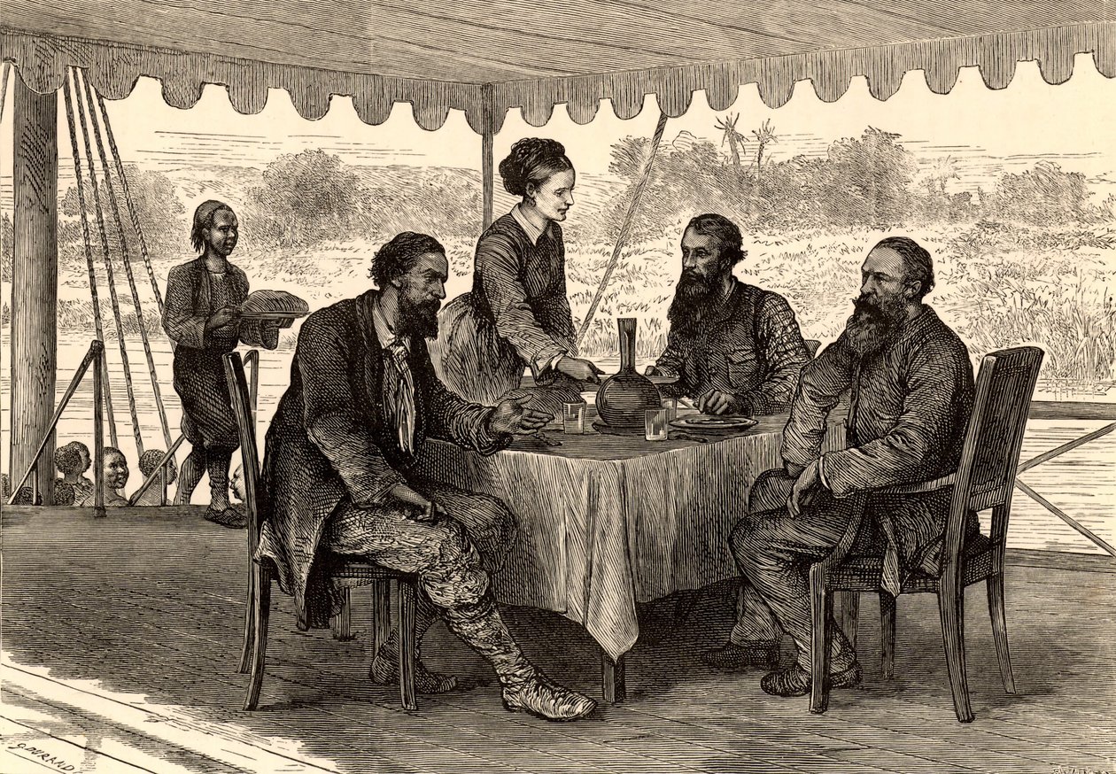 Les explorateurs anglais John Hanning Speke (1827-1864) et James Augustus Grant (1827-1892) à Gondokoro, au sud du Soudan, à la fin de leur expédition, où ils ont été accueillis par Samuel (1821-1893) et Florence (1841-1916) Baker (gravure) - English School
