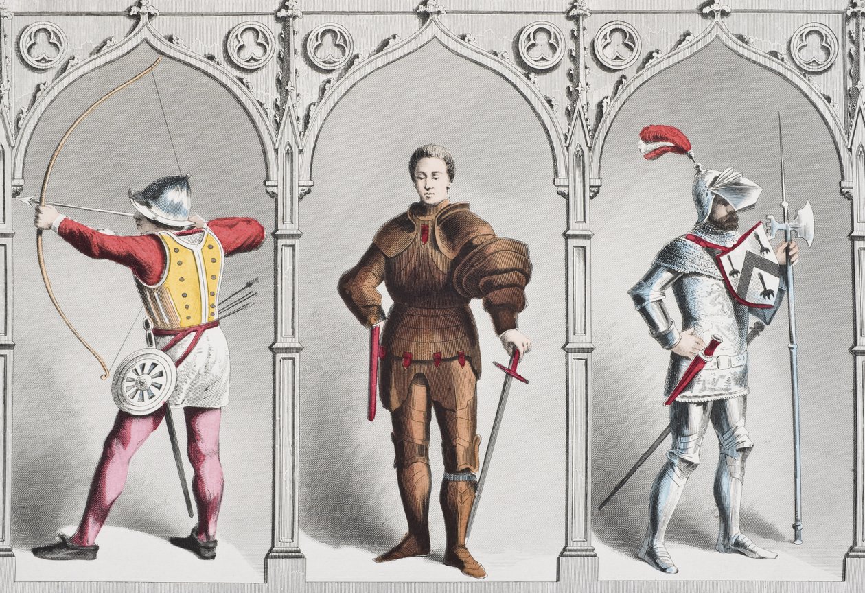 Costume militaire anglais au milieu du 15ème siècle, tiré de The National and Domestic History of England par William Hickman Smith Aubrey, publié à Londres vers 1890 - English School