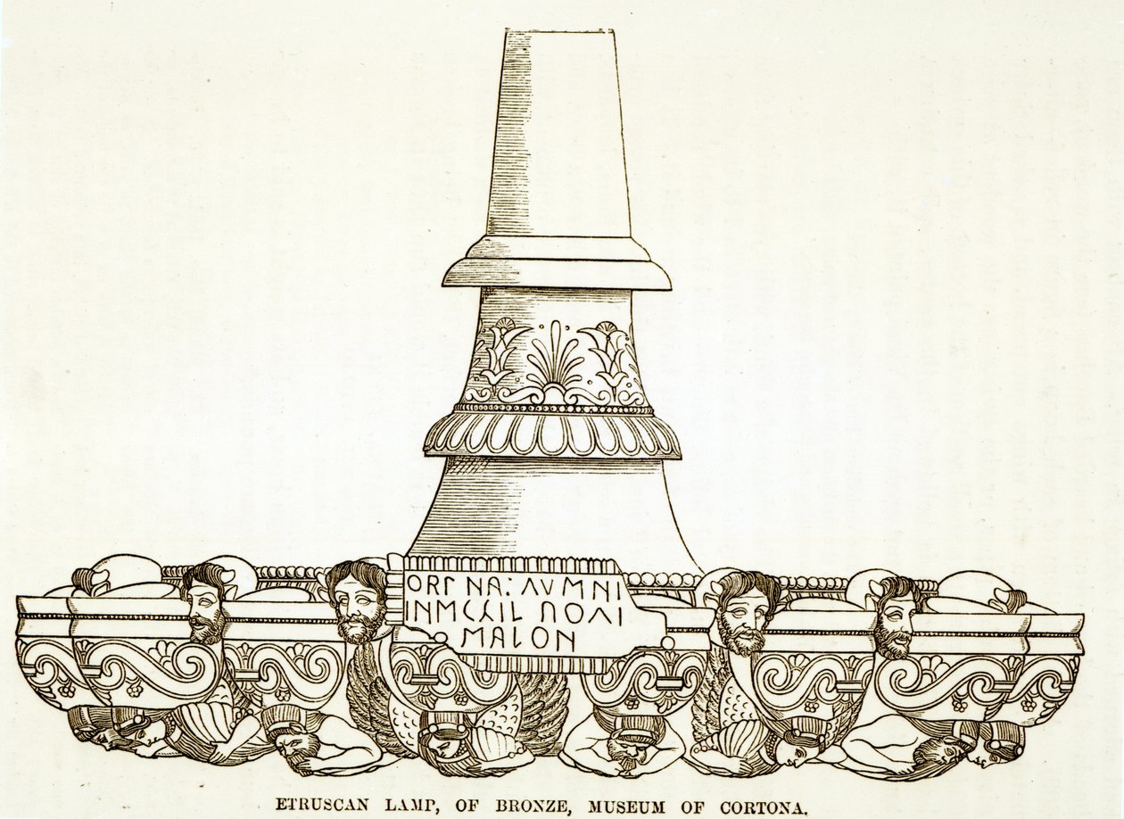 Lampe en bronze étrusque au musée de Cortona (gravure) (photo n/b) - English School
