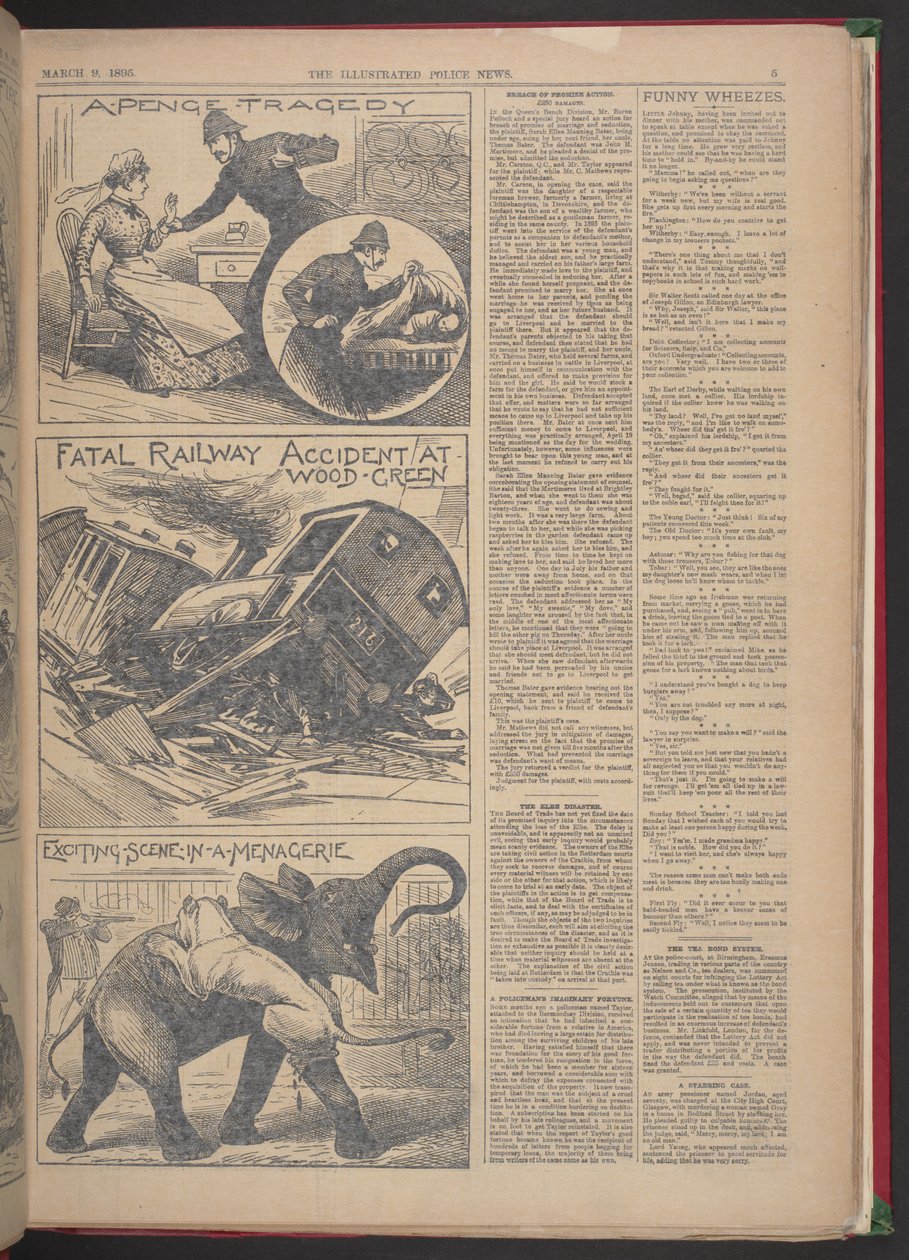 "ACCIDENT FERROVIAIRE MORTEL À WOOD-GREEN". Illustrated Police News, 9 mars 1895 (papier journal) - English School