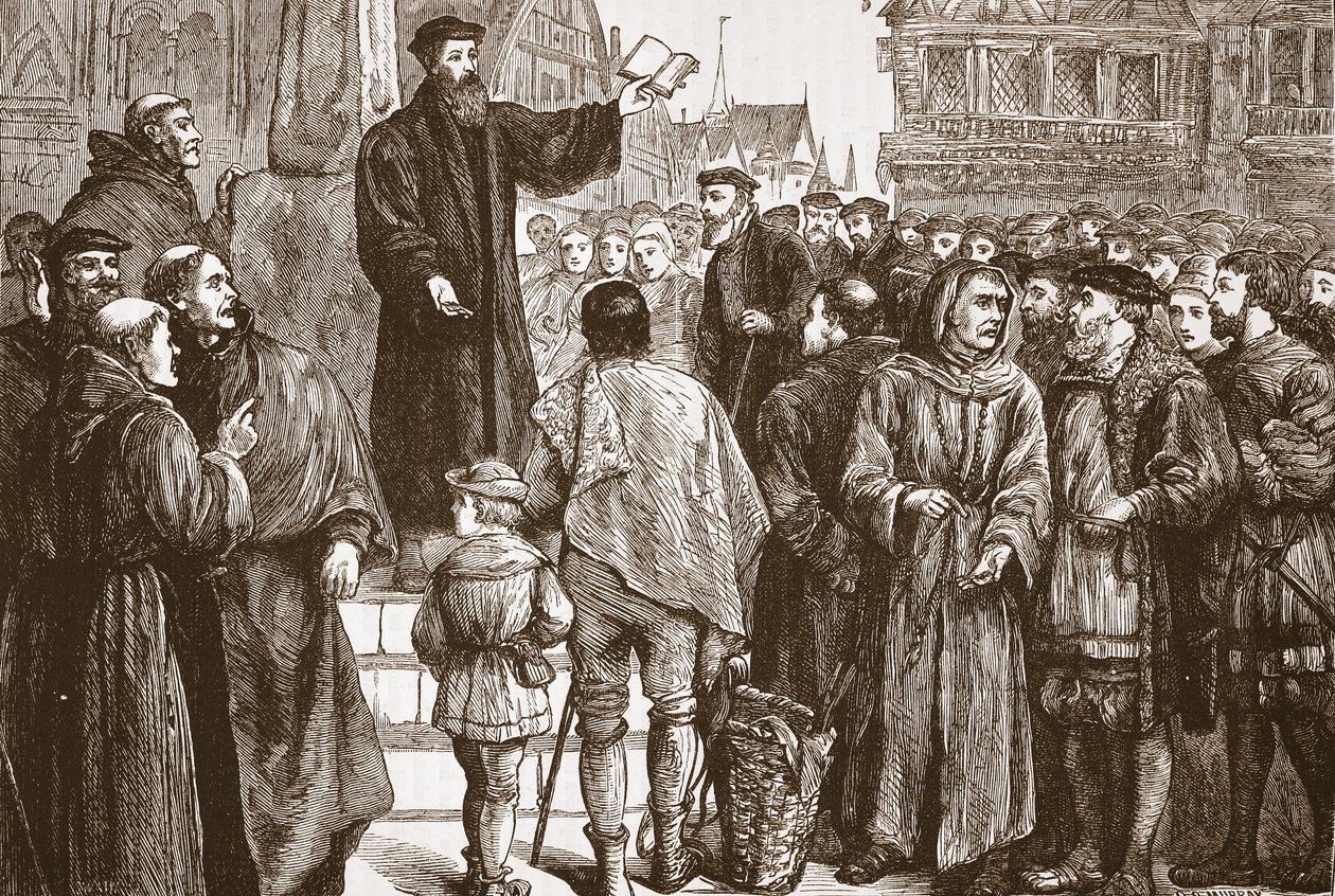 Farel prêchant sur la place du marché de Neuchâtel, illustration de L