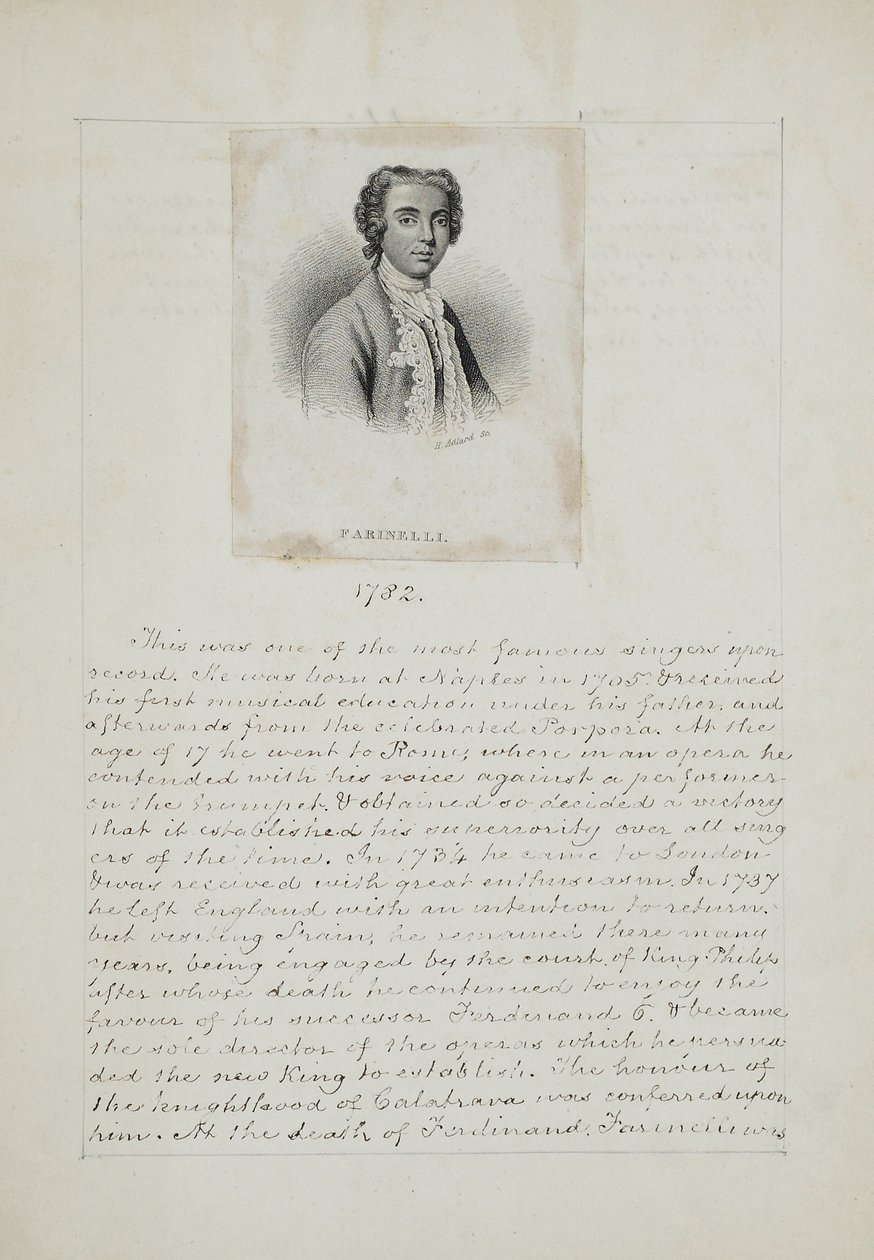 Farinelli, gravé par Henry Adlard (fl.1828-69), vers 1830 (gravure et encre sur papier) - English School