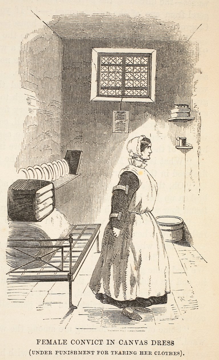 Détenue en robe de toile (punie pour avoir déchiré ses vêtements), illustration de The Criminal Prisons of London and Scenes from Prison Life par Henry Mayhew et John Binny, pub. 1862 - English School