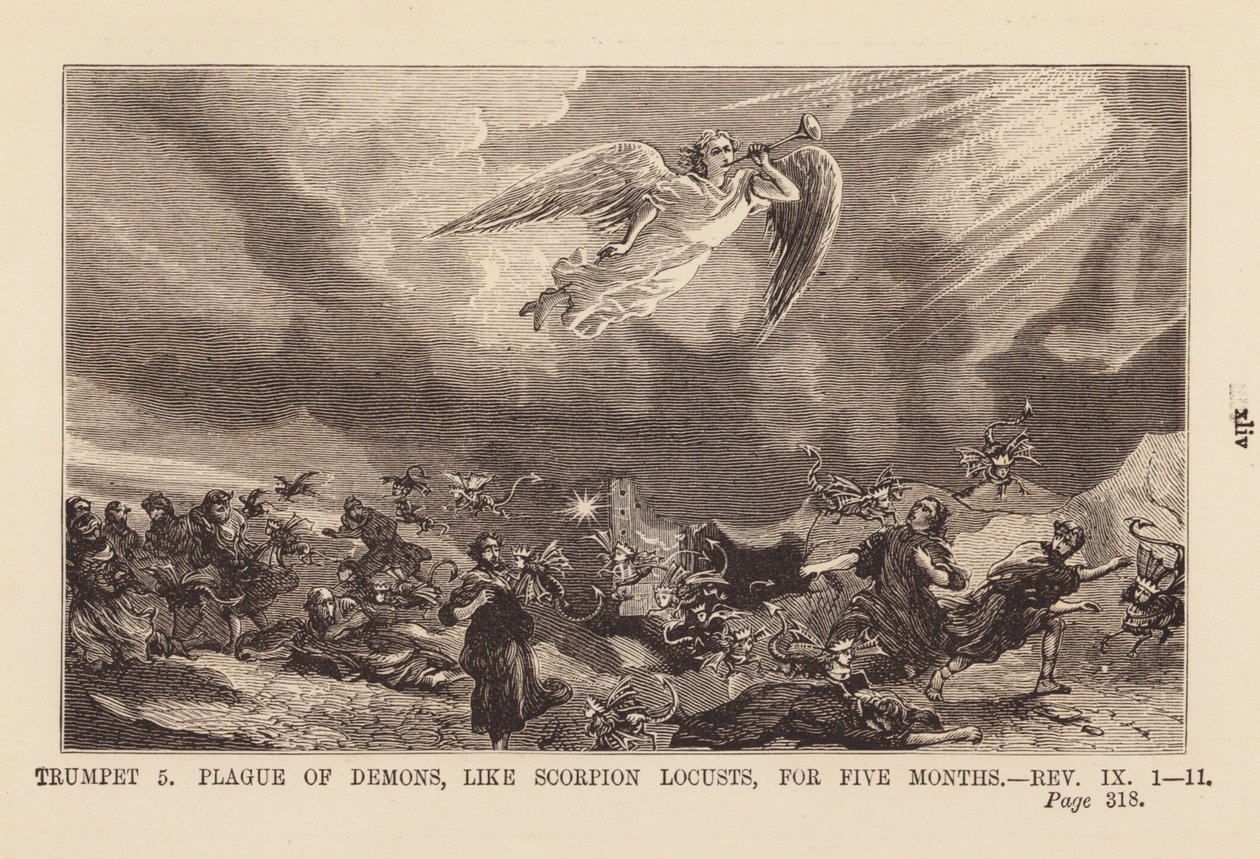 Cinquième ange apportant un fléau de démons, comme des sauterelles scorpions, pendant cinq mois (gravure) - English School