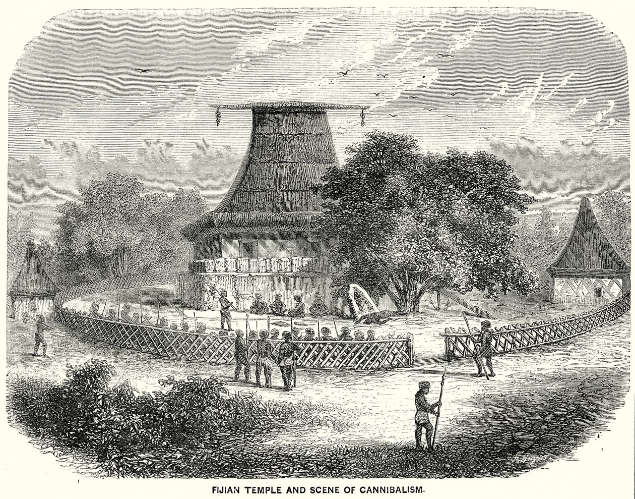 Temple fidjien et scène de cannibalisme (gravure) - English School