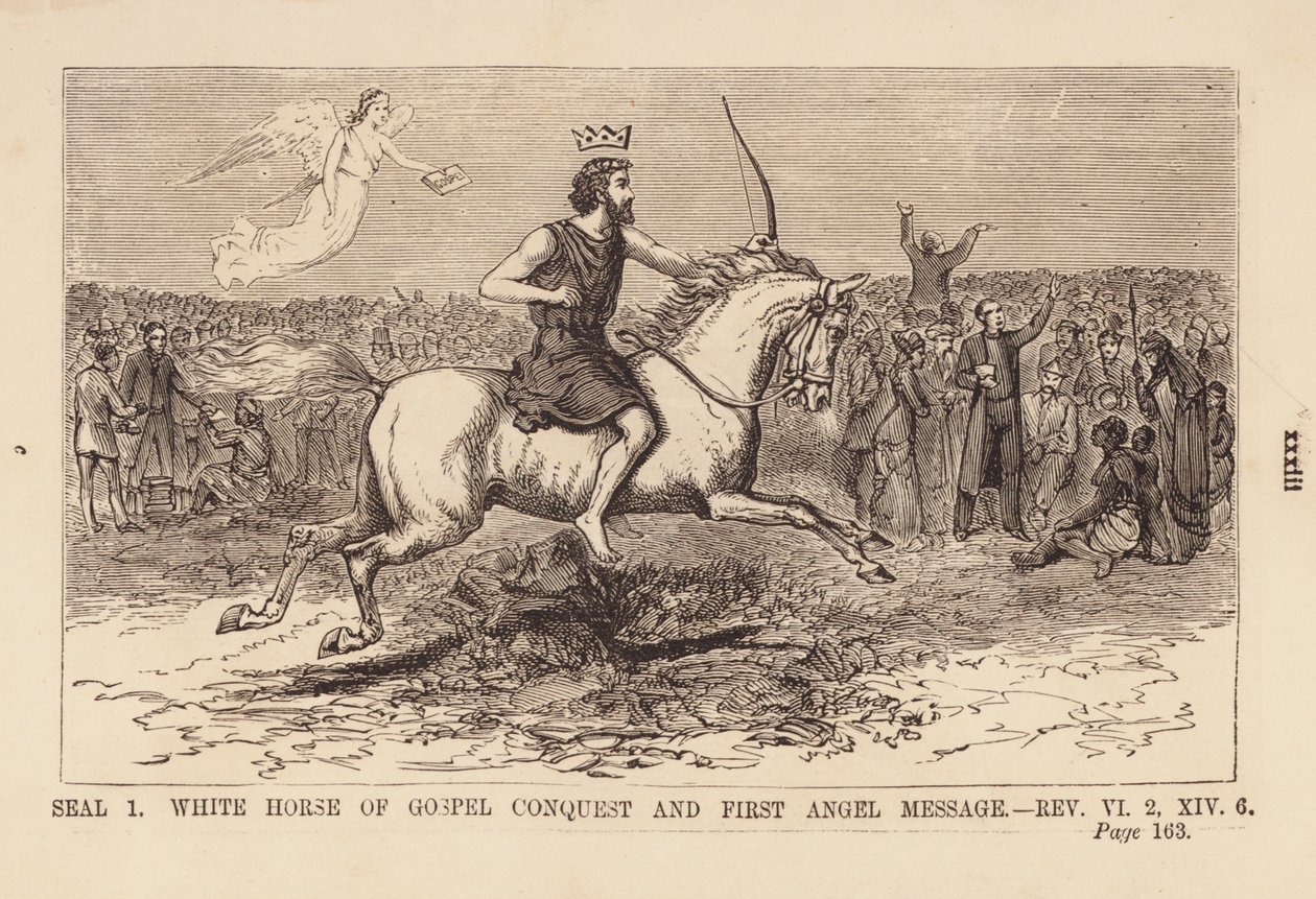 Premier sceau, cheval blanc de la conquête évangélique et message du premier ange (gravure) - English School