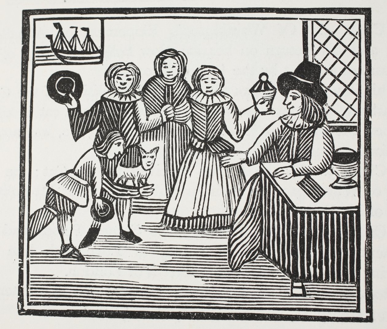 Fitzwarren recevant les aventures de ses serviteurs, illustration de Chap-books du XVIIIe siècle par John Ashton, pub. 1882 - English School