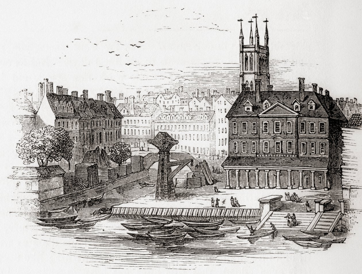 Fleet Ditch, Londres, Angleterre en 1749 au point où il se jetait dans la Tamise à Bridewell, de Old England: A Pictorial Museum, pub. 1847 - English School