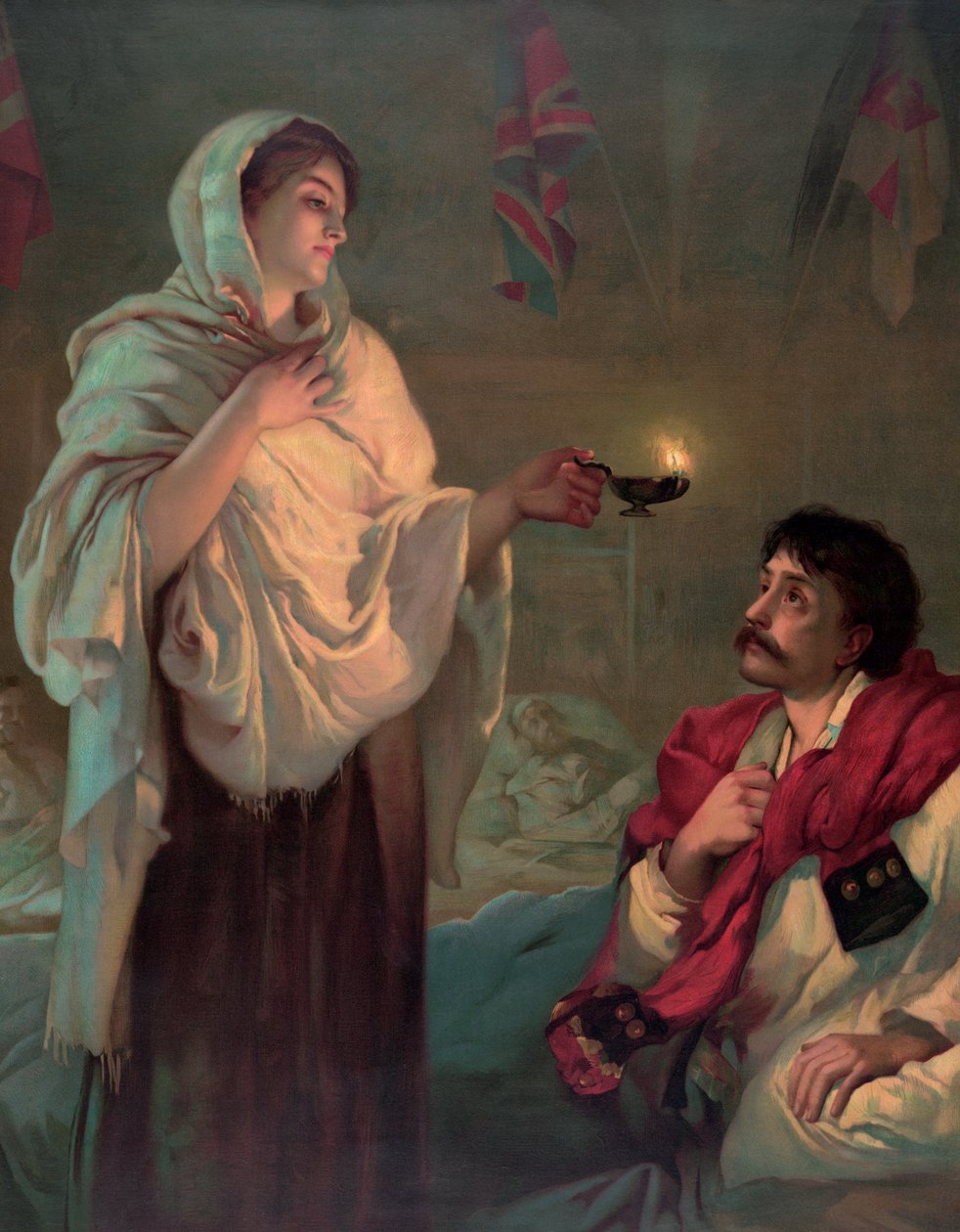 Florence Nightingale avec une lampe à huile - English School