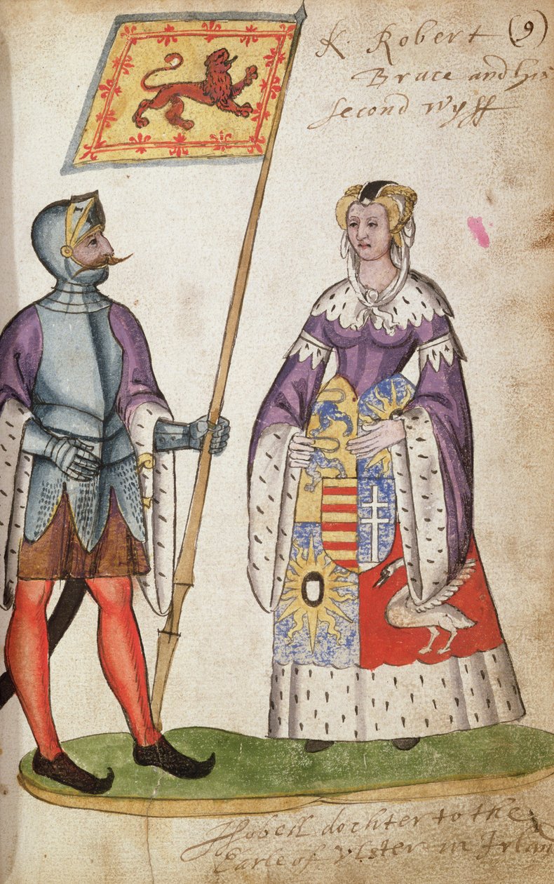 Fol.9 Robert le Bruce et sa deuxième épouse, Elizabeth de Burgh, du Seton Armorial, 1591 - English School