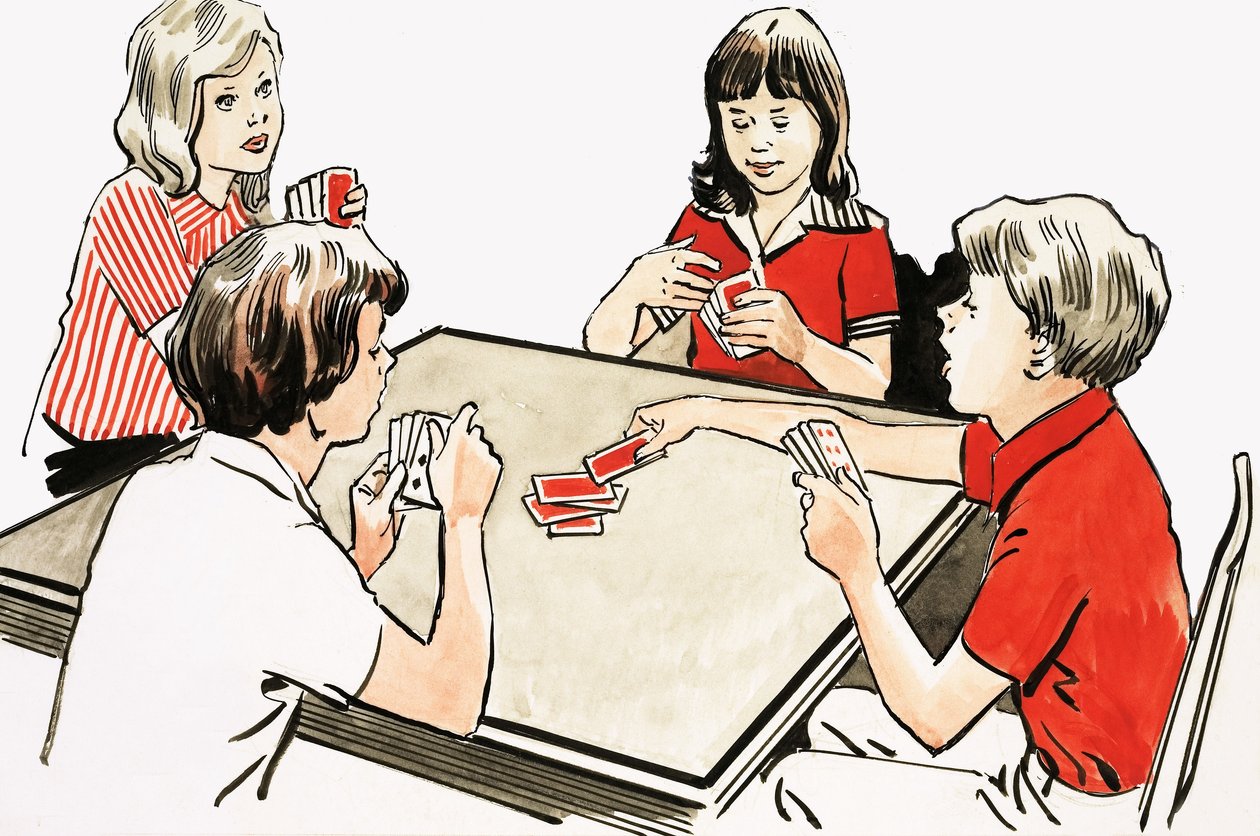 Quatre enfants jouant aux cartes - English School