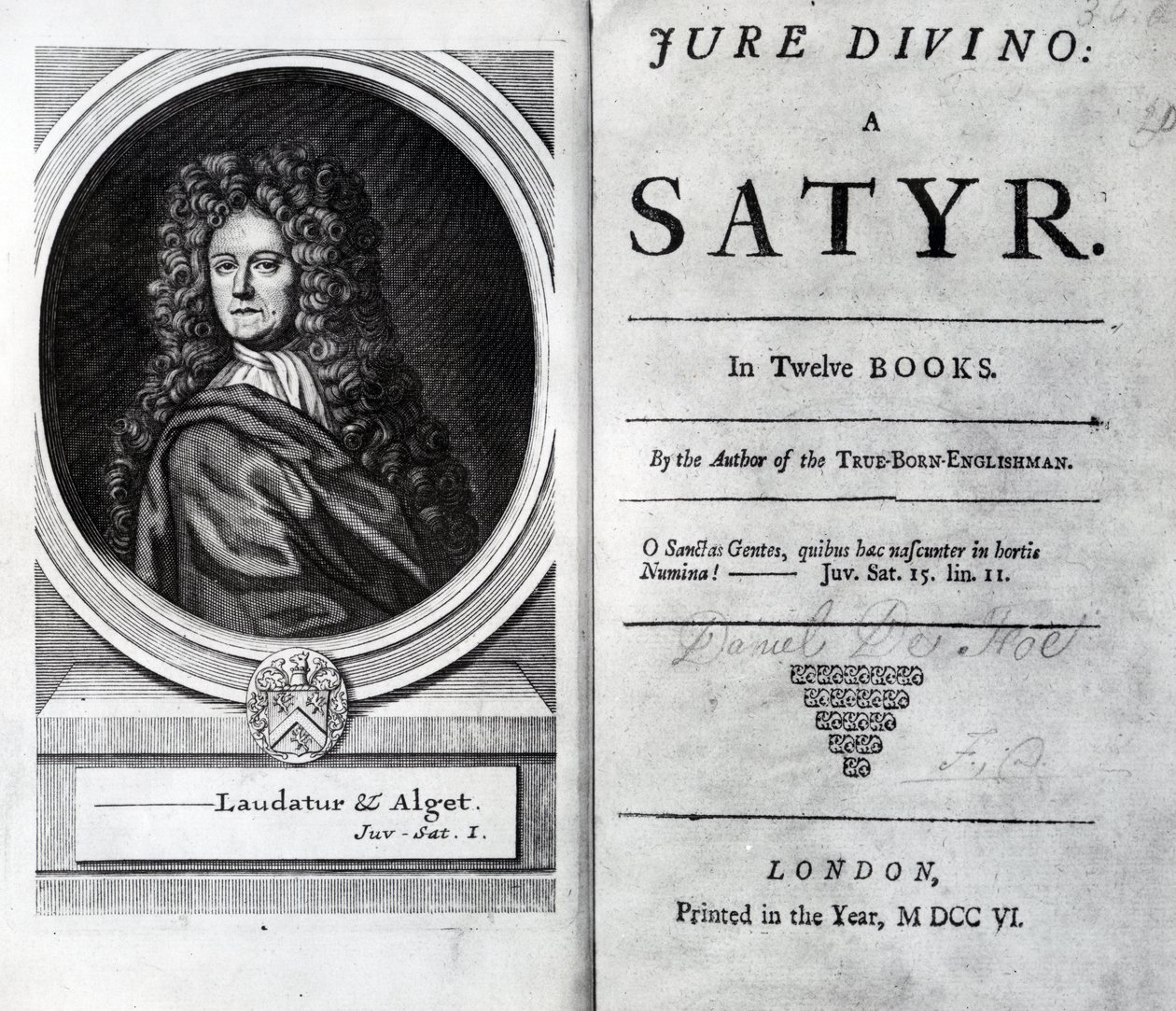 Frontispice et page de titre pour Jure Divino : Une satire par Daniel Defoe, publié en 1706 - English School